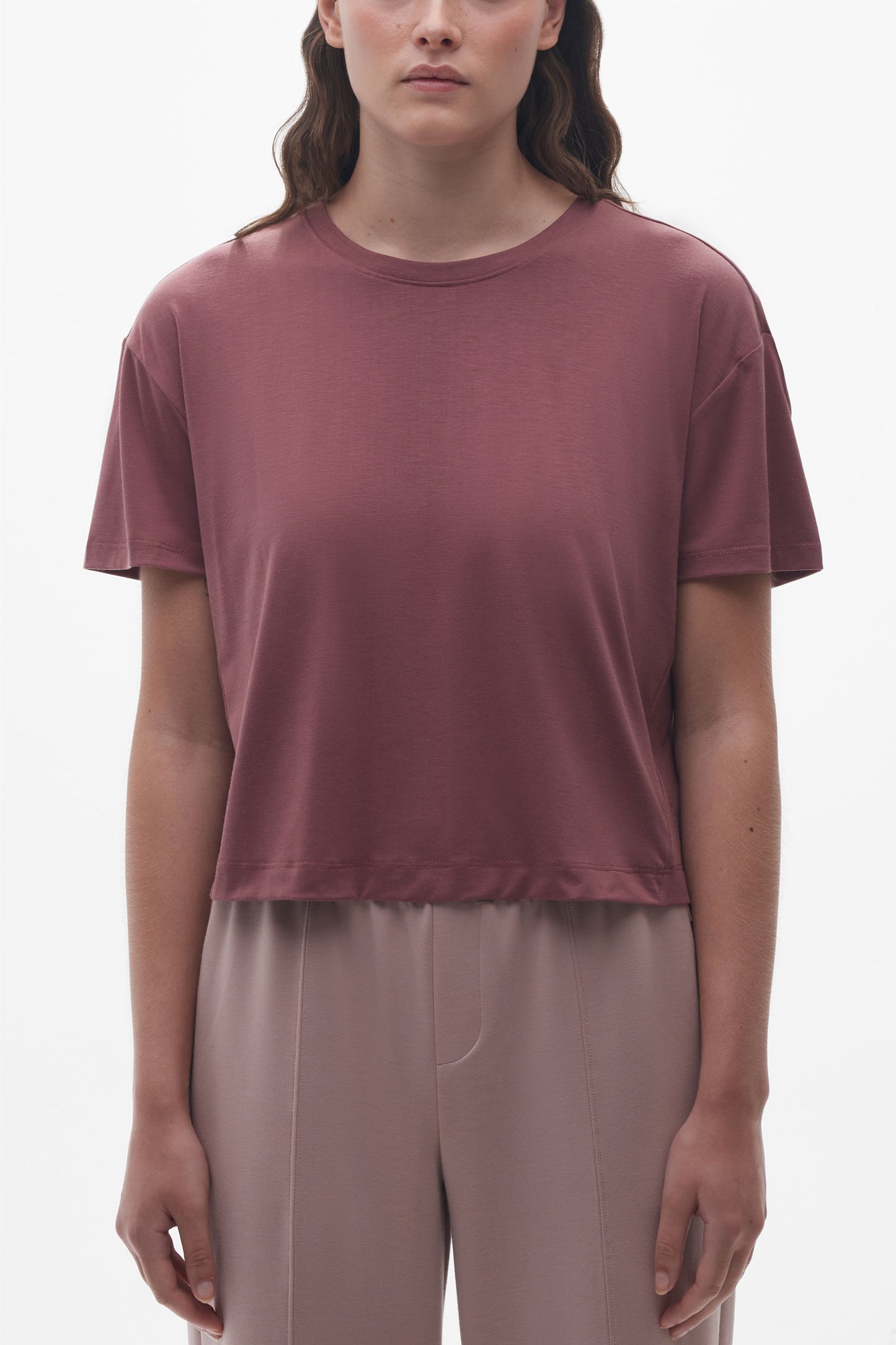 T-shirt col rond lyocell - Femme && BOURGOGNE