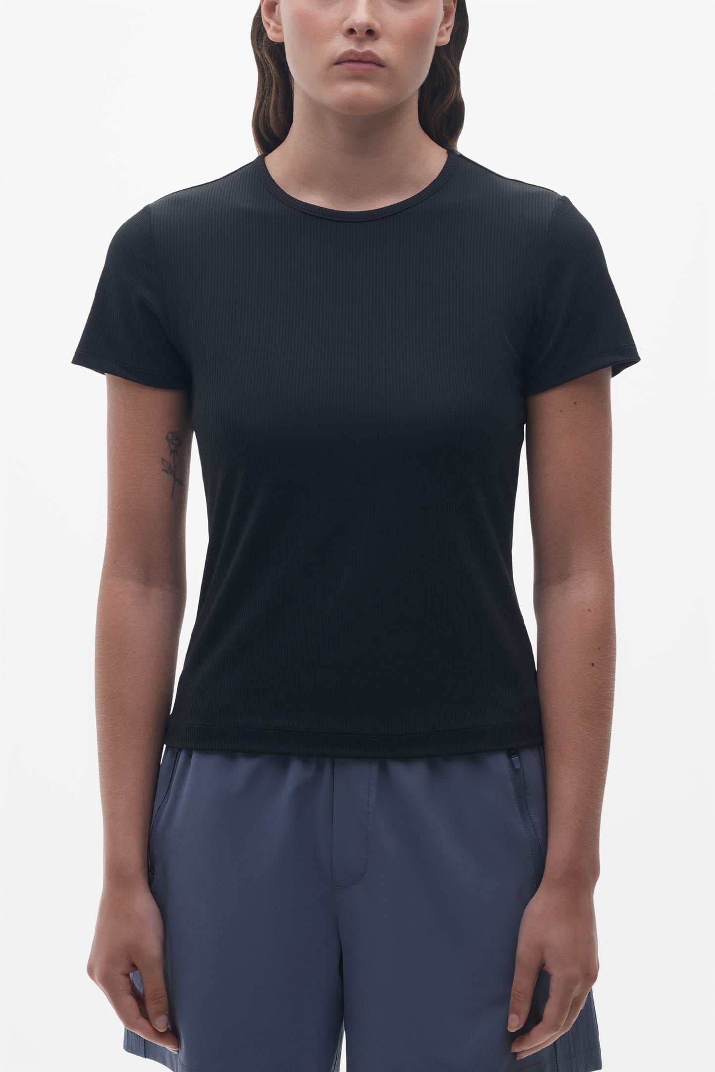 T-shirt col rond côtelé extensible 4 sens - Femme && NOIR