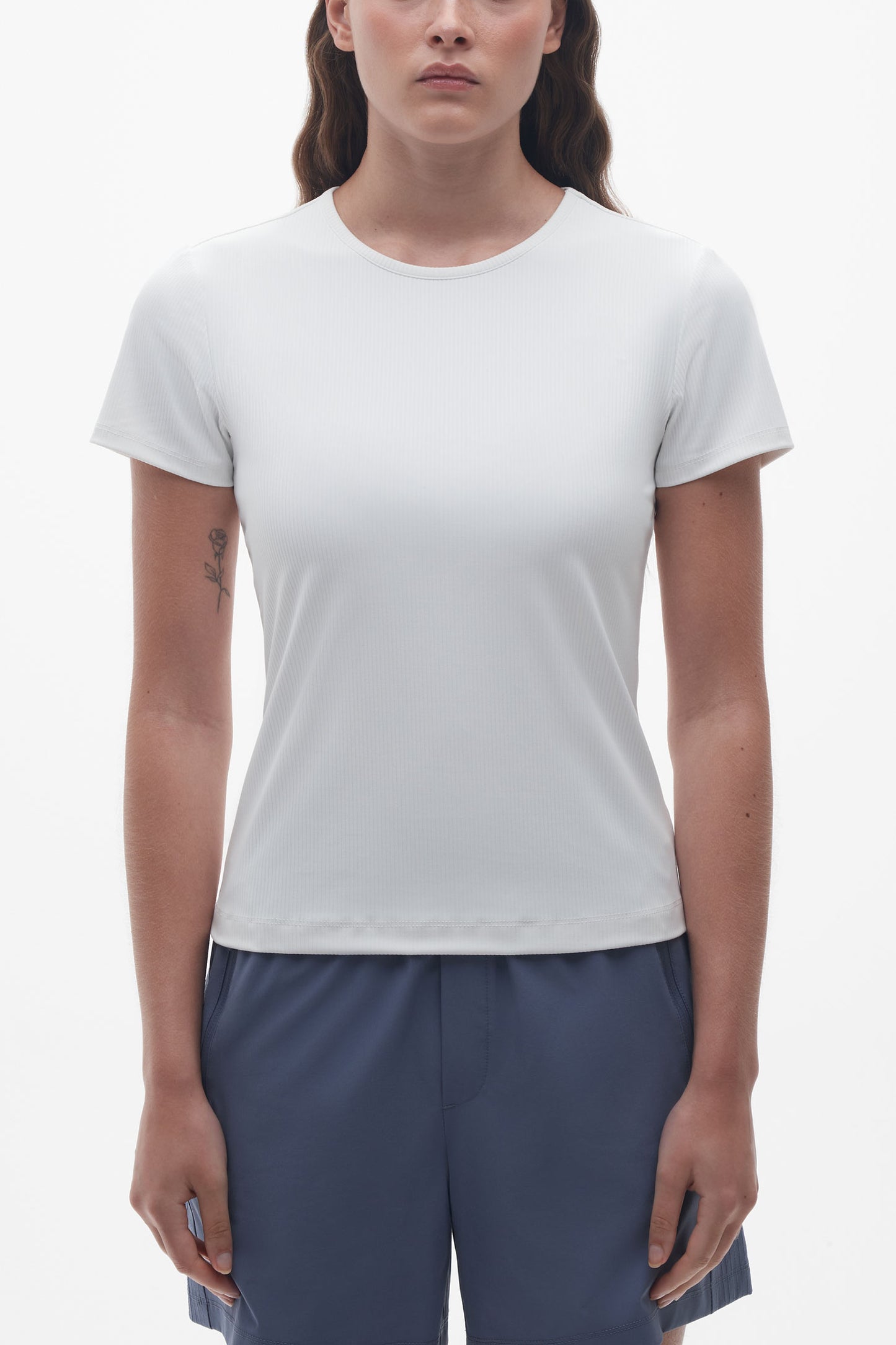 T-shirt col rond côtelé extensible 4 sens - Femme && BLANC CASSÉ